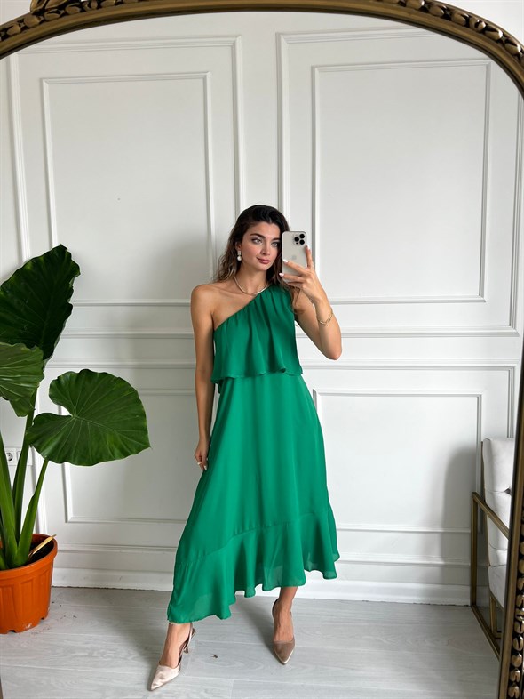 Yeşil Tek Askılı Yakası Volanlı Elbise